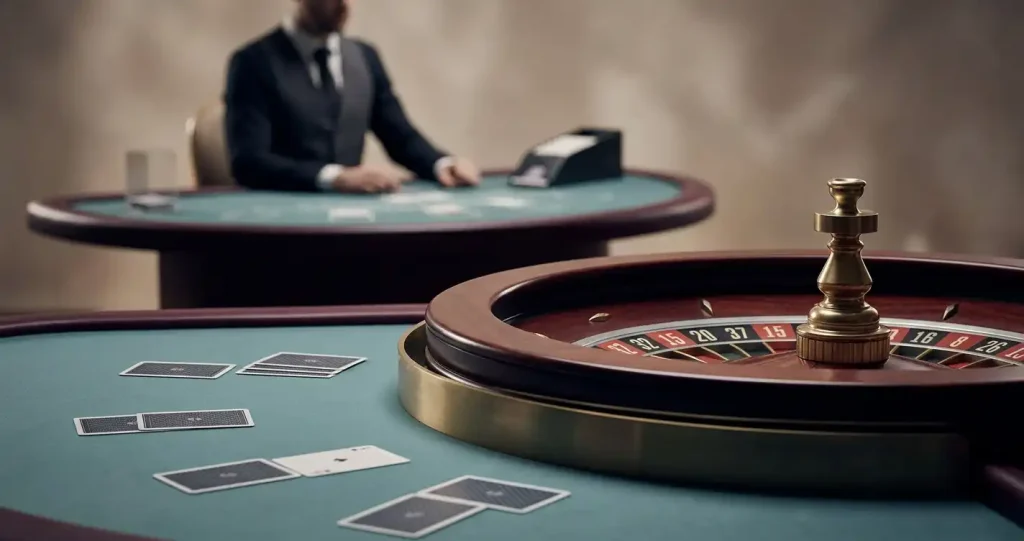 Illustration af live casino med roulette og blackjack
