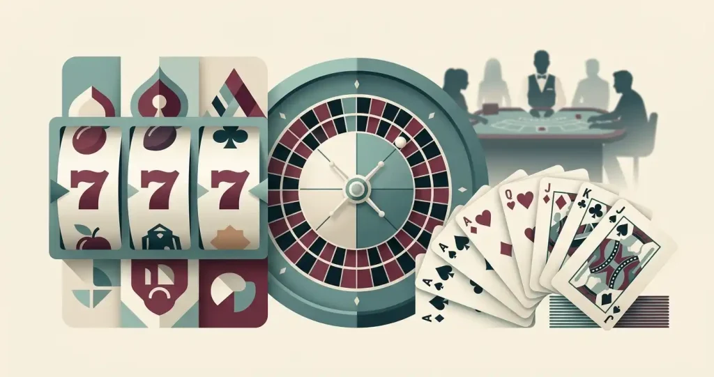 Illustration af spilleautomater, roulette og live casino