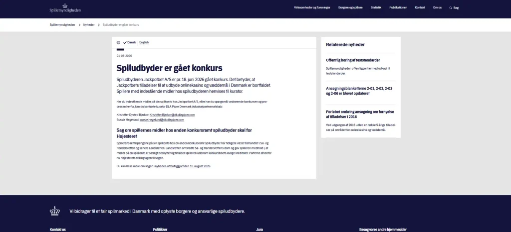 Skærmbillede af Spillemyndighedens meddelelse om Jackpotbet A/S og tilbagekaldte licenser