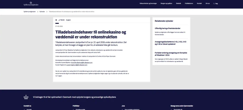 Skærmbillede af Spillemyndighedens meddelelse om Jackpotbet A/S